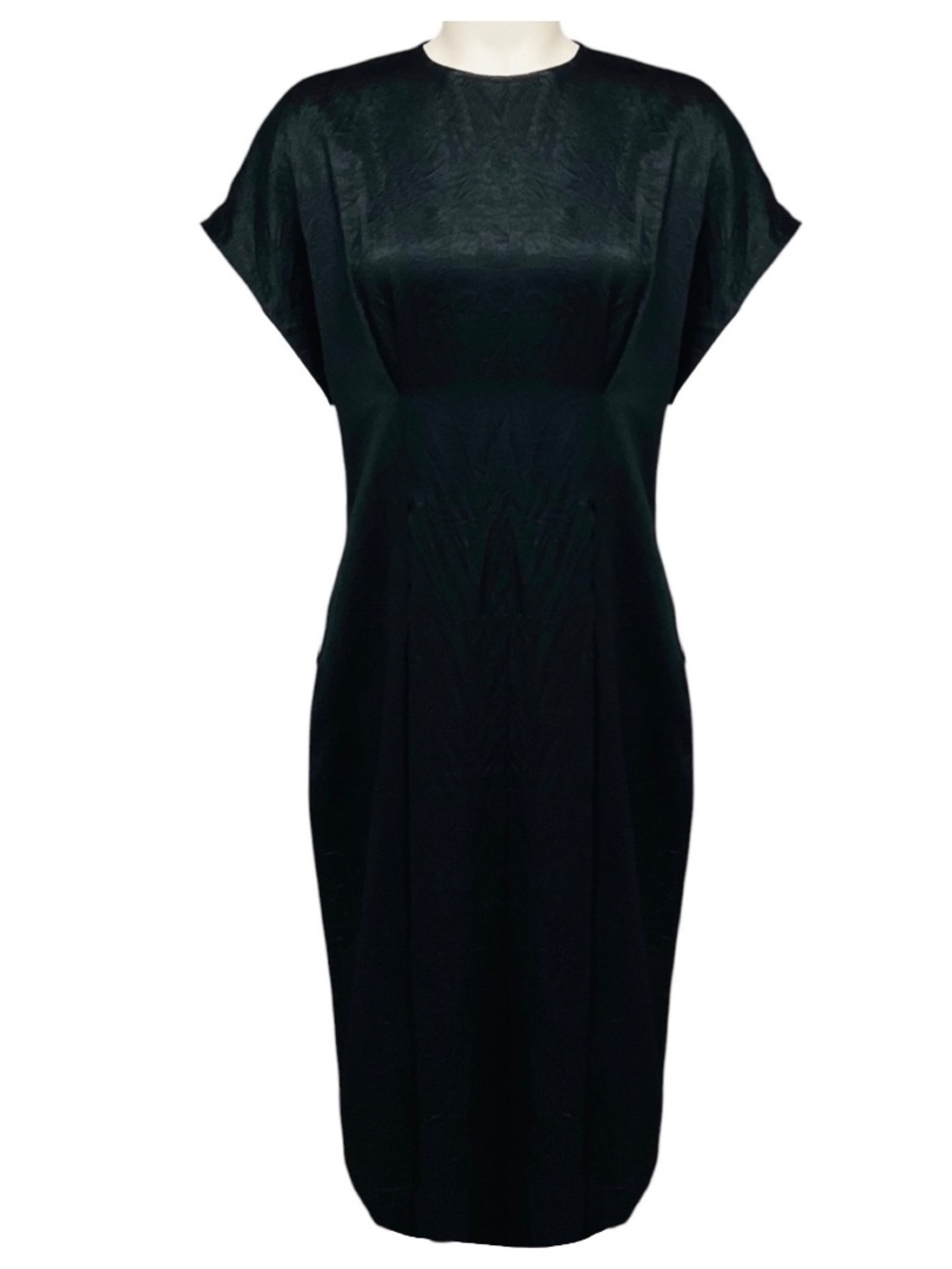 LEE MATHEWS BLACK CRINKLED SHORT SLEEVED SATIN MIDI DRESS
